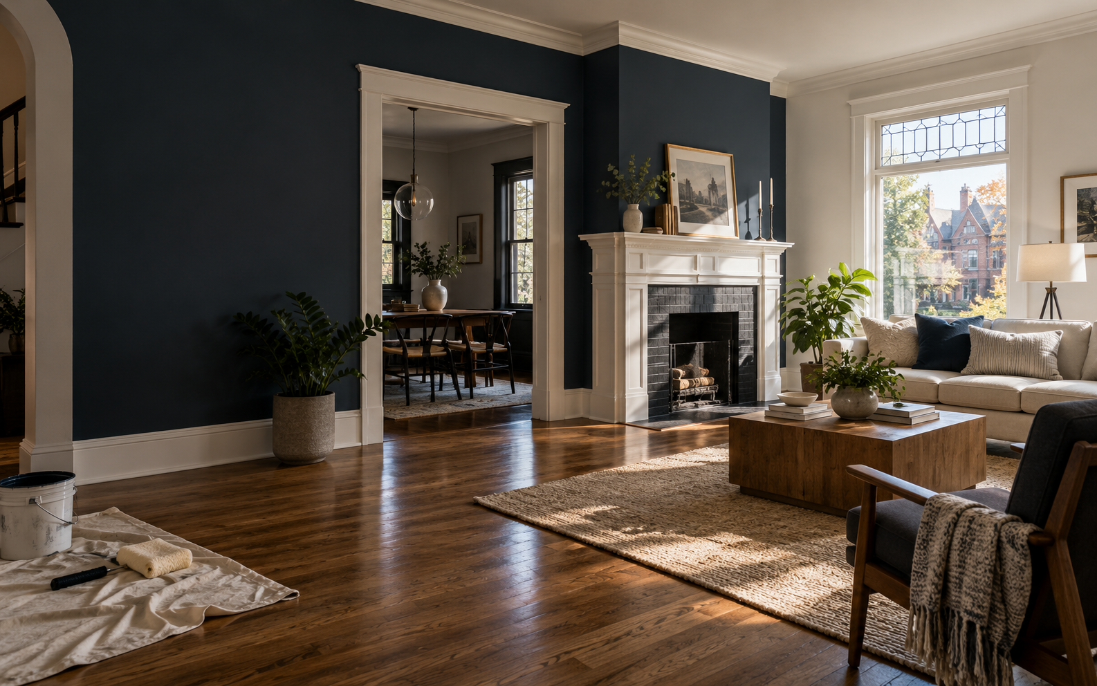 Freshly painted living room with crisp walls and detailed trim